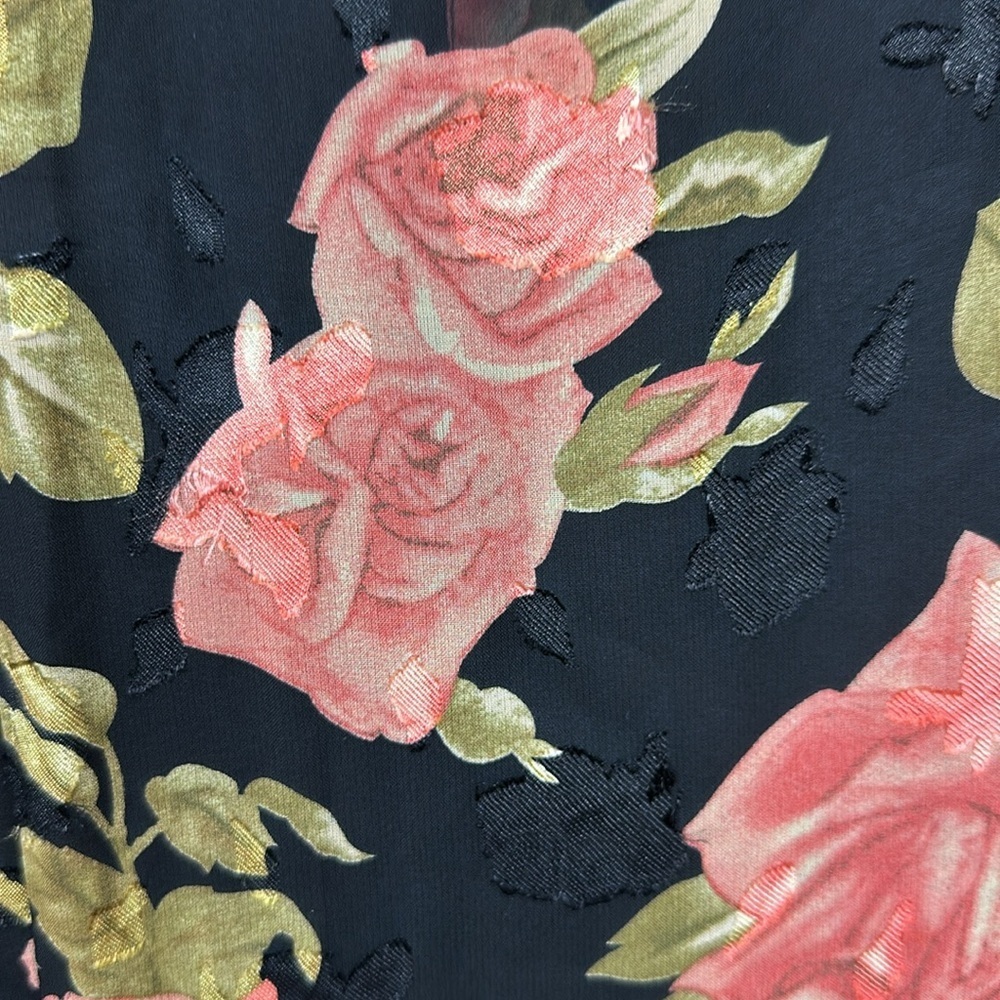 Unique Vintage Black Floral Fit-and-Flare Dress with Peach Roses - Picture 10 of 13